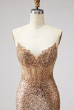 Glinsterend gouden korset Zeemeermin Strassstenen Palilletten Strapless Lange Galajurk met split