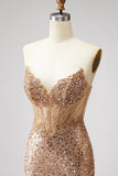 Glinsterend gouden korset Zeemeermin Strassstenen Palilletten Strapless Lange Galajurk met split