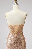Glinsterend gouden korset Zeemeermin Strassstenen Palilletten Strapless Lange Galajurk met split