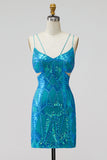 Turquoise pailletten met uitgesneden spaghettibandjes Bodycon korte homecomingjurk
