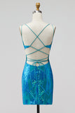 Turquoise pailletten met uitgesneden spaghettibandjes Bodycon korte homecomingjurk