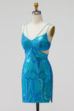 Turquoise pailletten met uitgesneden spaghettibandjes Bodycon korte homecomingjurk