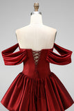 Bordeaux off-the-shoulder uitgesneden korte homecomingjurk met een bubbelzoom