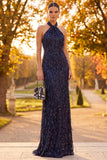 Marineblauwe Schede Halter met Pailletten Maxi Formele Jurk