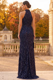 Marineblauwe Schede Halter met Pailletten Maxi Formele Jurk