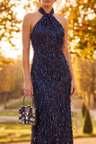Marineblauwe Schede Halter met Pailletten Maxi Formele Jurk