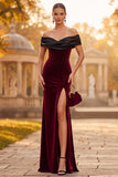Bordeauxrode fluwelen schede met off-shoulder maxi formele jurk met split