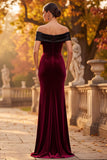 Bordeauxrode fluwelen schede met off-shoulder maxi formele jurk met split