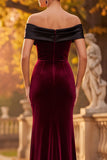 Bordeauxrode fluwelen schede met off-shoulder maxi formele jurk met split