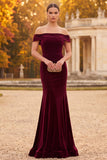 Bordeauxrode fluwelen zeemeermin off-shoulder maxi formele jurk