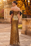 Gouden Schede Off the Shoulder pailletten Maxi formele jurk met strik