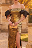 Gouden Schede Off the Shoulder pailletten Maxi formele jurk met strik