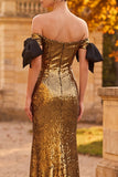 Gouden Schede Off the Shoulder pailletten Maxi formele jurk met strik