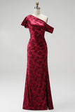 Bordeauxrode schede asymmetrisch Eenschouder Jacquard Maxi Moeder van de Bruid Jurk met zijsplit