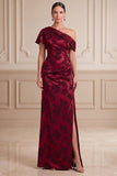 Bordeauxrode schede asymmetrisch Eenschouder Jacquard Maxi Moeder van de Bruid Jurk met zijsplit
