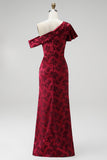 Bordeauxrode schede asymmetrisch Eenschouder Jacquard Maxi Moeder van de Bruid Jurk met zijsplit