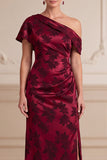 Bordeauxrode schede asymmetrisch Eenschouder Jacquard Maxi Moeder van de Bruid Jurk met zijsplit