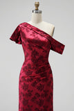 Bordeauxrode schede asymmetrisch Eenschouder Jacquard Maxi Moeder van de Bruid Jurk met zijsplit