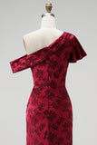 Bordeauxrode schede asymmetrisch Eenschouder Jacquard Maxi Moeder van de Bruid Jurk met zijsplit