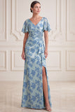 Grijze blauwe schede V-hals met gerimpelde mouwen Maxi Mother of the Bride jurk met zijsplit