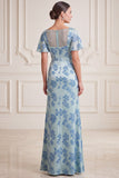 Grijze blauwe schede V-hals met gerimpelde mouwen Maxi Mother of the Bride jurk met zijsplit