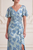 Grijze blauwe schede V-hals met gerimpelde mouwen Maxi Mother of the Bride jurk met zijsplit