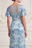 Grijze blauwe schede V-hals met gerimpelde mouwen Maxi Mother of the Bride jurk met zijsplit