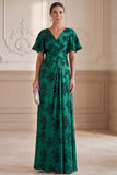 Donkergroene A-lijn V-hals Jacquard gerimpelde fladderende mouwen Maxi Mother of the Bride jurk