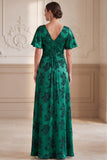 Donkergroene A-lijn V-hals Jacquard gerimpelde fladderende mouwen Maxi Mother of the Bride jurk