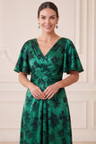 Donkergroene A-lijn V-hals Jacquard gerimpelde fladderende mouwen Maxi Mother of the Bride jurk