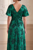 Donkergroene A-lijn V-hals Jacquard gerimpelde fladderende mouwen Maxi Mother of the Bride jurk