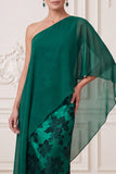 Donkergroene schede met één schouder satijn bedrukte maxi Mother of the Bride jurk met cape