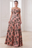 Oranje A-lijn maxi jurk met off-shoulder print Mother of the Bride