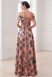 Oranje A-lijn maxi jurk met off-shoulder print Mother of the Bride