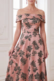 Oranje A-lijn maxi jurk met off-shoulder print Mother of the Bride