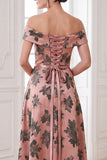 Oranje A-lijn maxi jurk met off-shoulder print Mother of the Bride