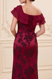 Bordeauxrode schede van de schouder 3D bloem jacquard lange moeder van de bruid jurk met split