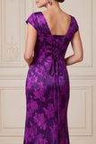 Donkerpaarse schede V-hals satijn jacquard maxi Mother of the Bride jurk met zijsplit