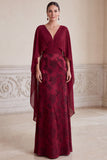 Bordeauxrode schede V-hals Jacquard Lange Moeder van de Bruid jurk met cape