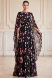 Zwarte roze bloem A-lijn chiffon Bateau hals bedrukte Maxi Mother of the Bride jurk met cape