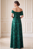 Donkergroene A-lijn off the shoulder jacquard asymmetrische maxi jurk Mother of the Bride