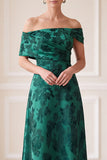 Donkergroene A-lijn off the shoulder jacquard asymmetrische maxi jurk Mother of the Bride