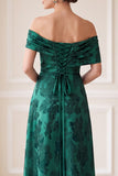 Donkergroene A-lijn off the shoulder jacquard asymmetrische maxi jurk Mother of the Bride