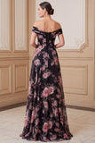 Zwarte roze A-lijn off the shoulder bedrukte chiffon maxi Mother of the Bride jurk