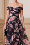 Zwarte roze A-lijn off the shoulder bedrukte chiffon maxi Mother of the Bride jurk