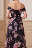 Zwarte roze A-lijn off the shoulder bedrukte chiffon maxi Mother of the Bride jurk