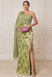 Groene schede met één schouder chiffon cape gedrapeerd Maxi Mother of the Bride jurk met 3D-bloem