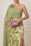 Groene schede met één schouder chiffon cape gedrapeerd Maxi Mother of the Bride jurk met 3D-bloem