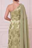 Groene schede met één schouder chiffon cape gedrapeerd Maxi Mother of the Bride jurk met 3D-bloem
