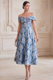 Grijsblauwe A-lijn Off the Shoulder Jacquard Midi Moeder van de Bruid Jurk